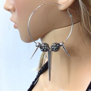 Metal Grunge Rock Spike Silver and Black Beaded Dangle Hoop Earrings